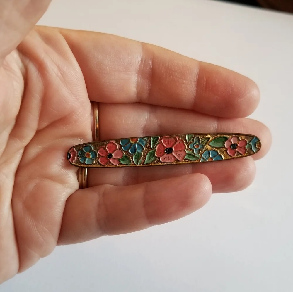 Vintage enamel flowers bar pin pink gold tone brooch floral